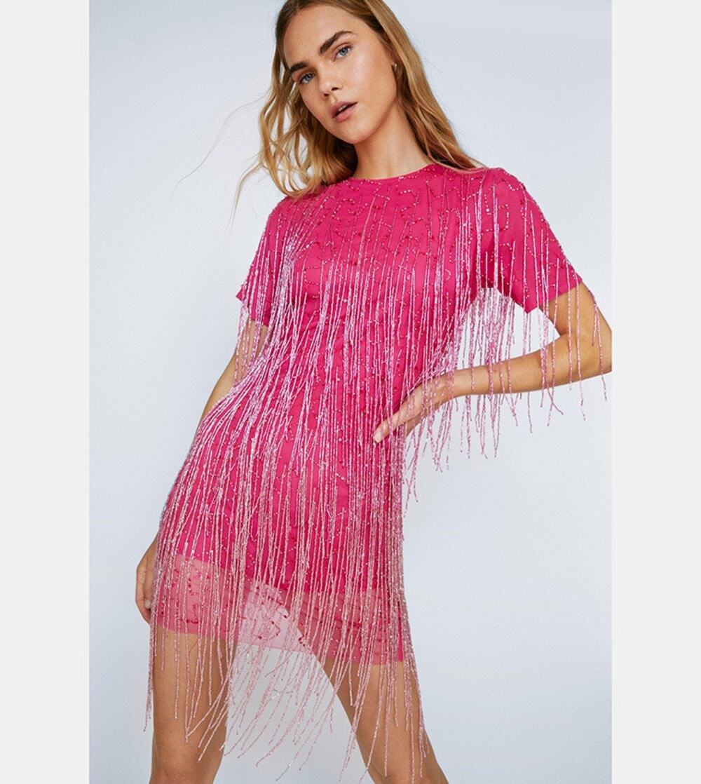NWT Nasty Gal Tassel Beaded Mini Shift Dress Size 8 Party Hot Pink Festival
